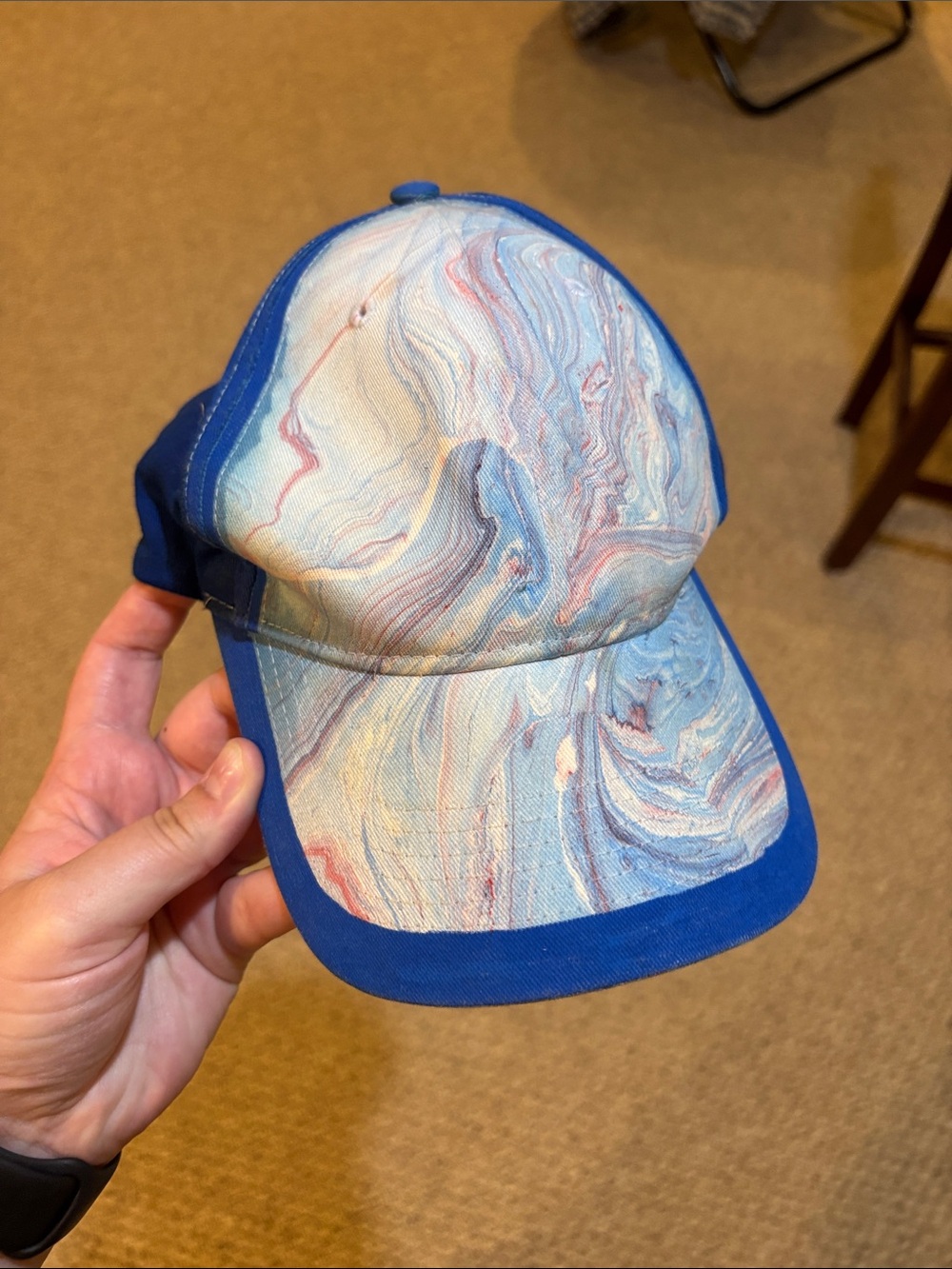 Handmade Blue Marble-Print Baseball Cap